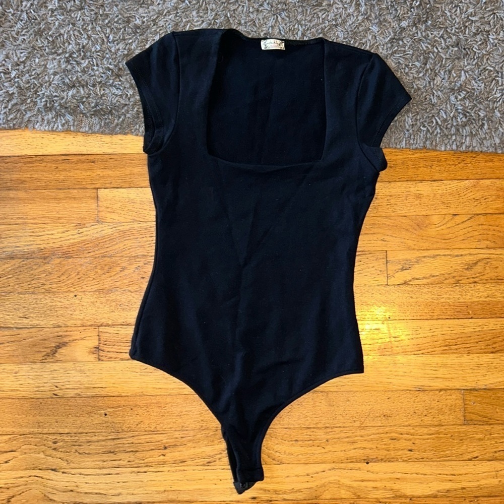 Free People Black Square Neck Bodysuit Short Sleeve Snap Thong Stretch Small
